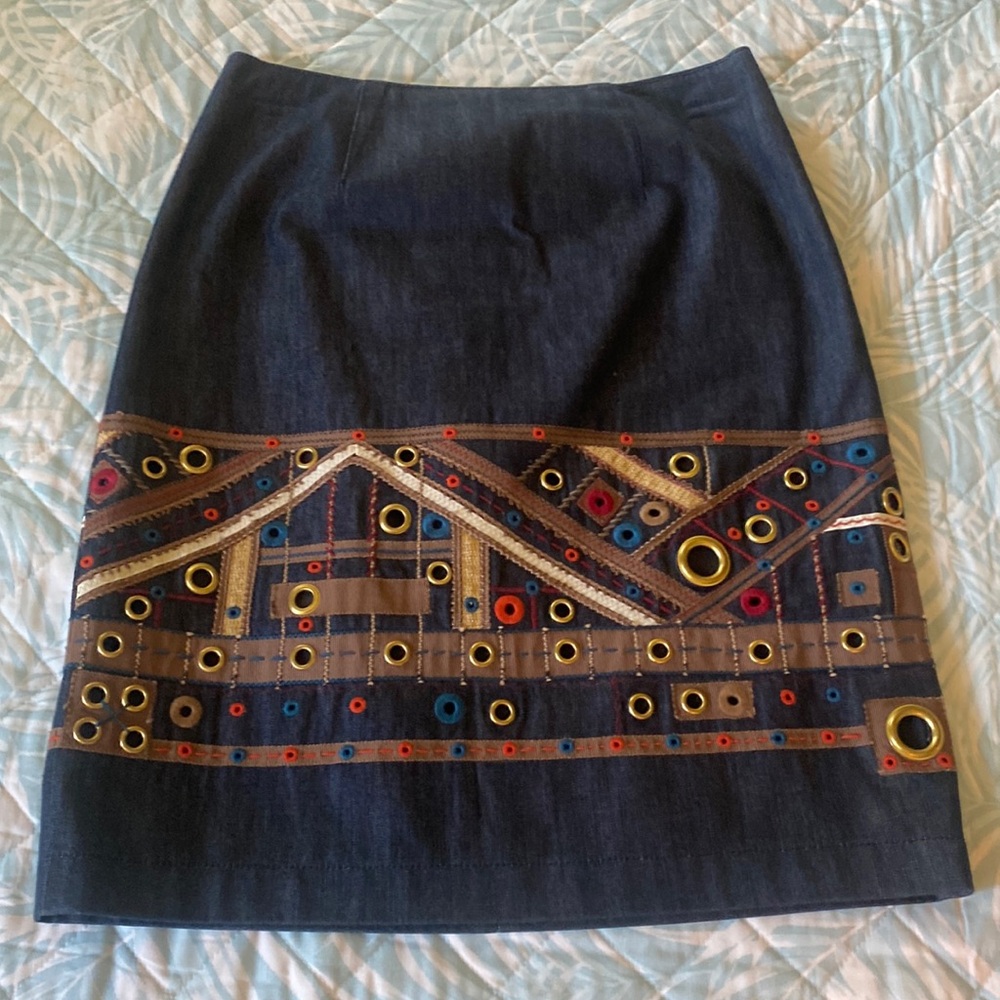 Worth denim skirt with rivet & ribbon design